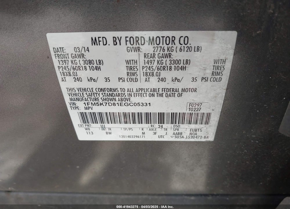 2014 FORD EXPLORER XLT VIN: 1FM5K7D81EGC05331