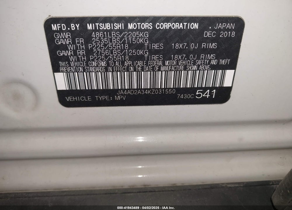 2019 MITSUBISHI OUTLANDER VIN: JA4AD2A34KZ031550