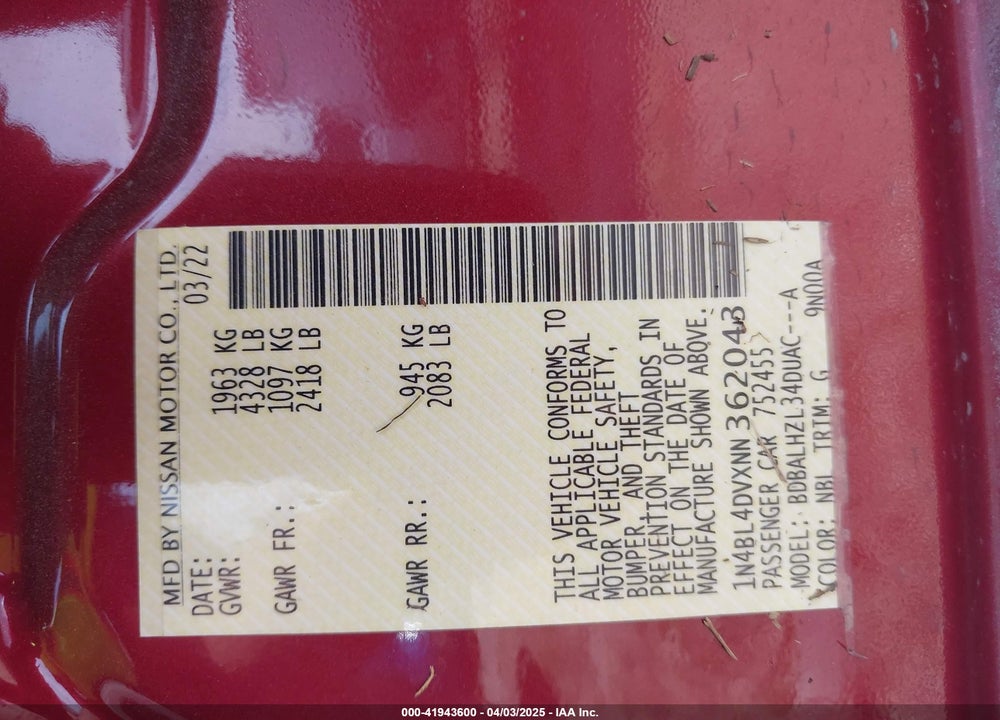 2022 NISSAN ALTIMA VIN: 1N4BL4DVXNN362043