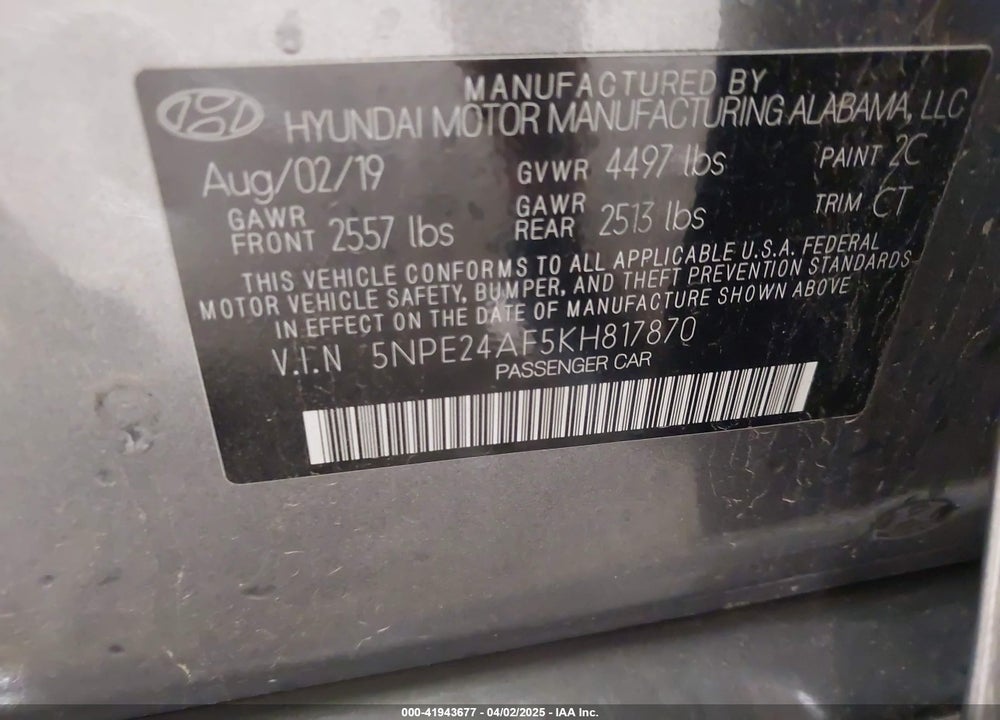 2019 HYUNDAI SONATA SE VIN: 5NPE24AF5KH817870