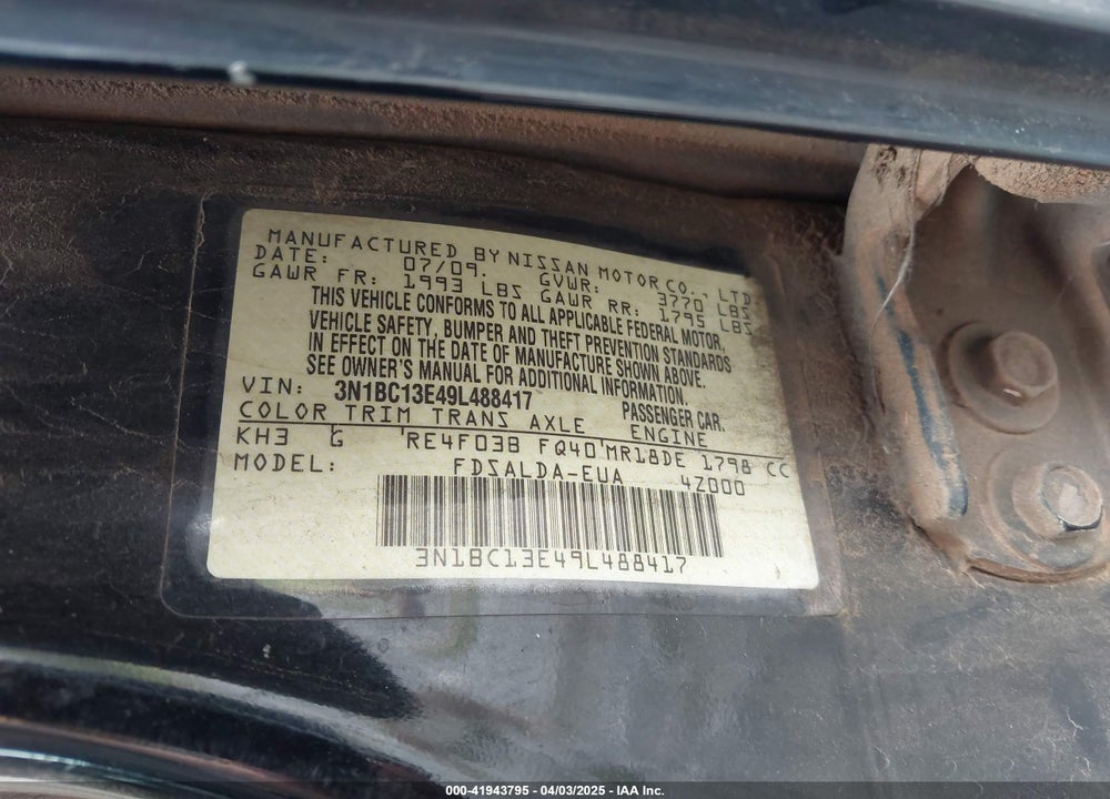 2009 NISSAN VERSA 1.8S VIN: 3N1BC13E49L488417