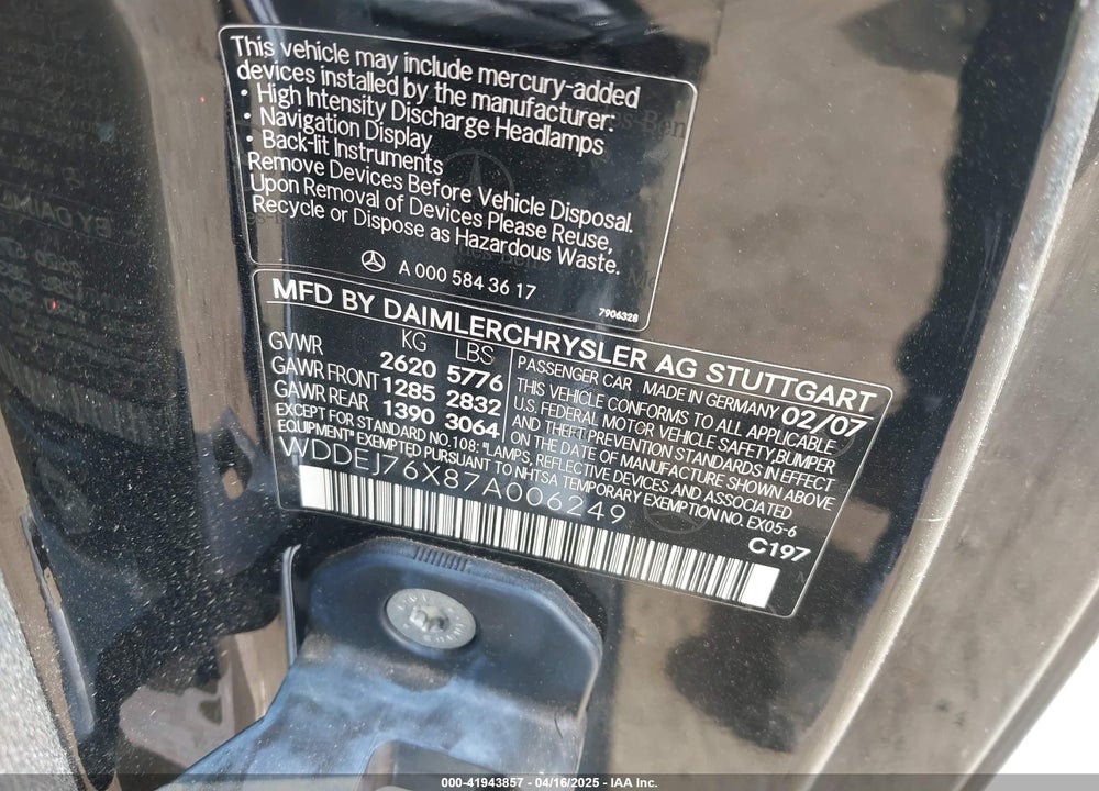 2007 MERCEDES-BENZ CL 600 VIN: WDDEJ76X87A006249