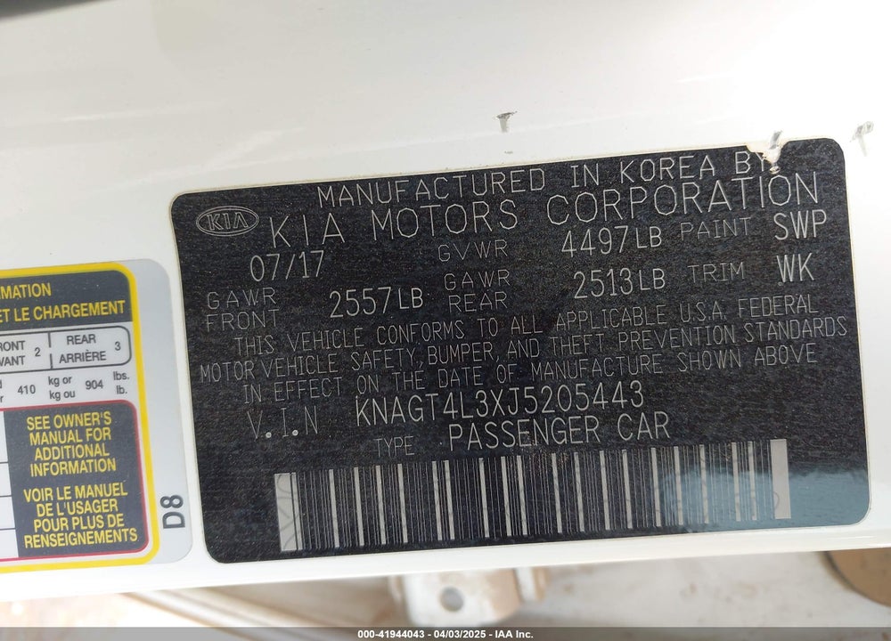 2018 KIA OPTIMA VIN: KNAGT4L3XJ5205443