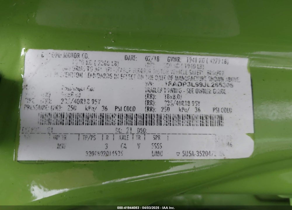 2018 FORD FOCUS VIN: 1FADP3L99JL265305