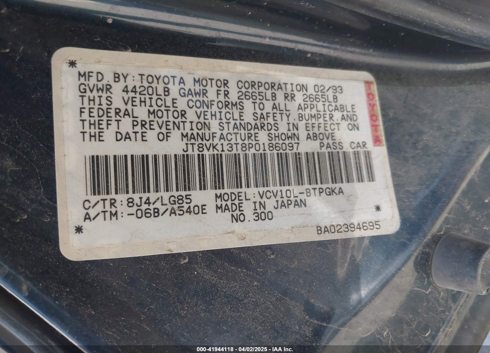 1993 LEXUS ES 300 VIN: JT8VK13T8P0186097