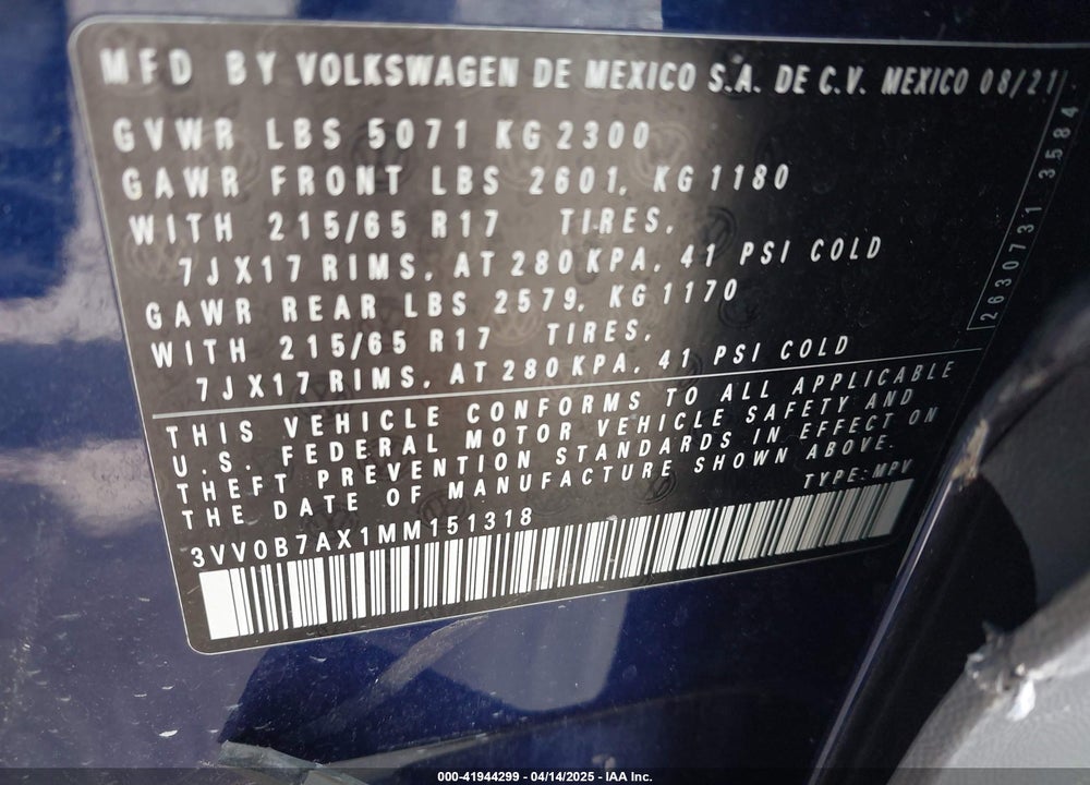 2021 VOLKSWAGEN TIGUAN VIN: 3VV0B7AX1MM151318