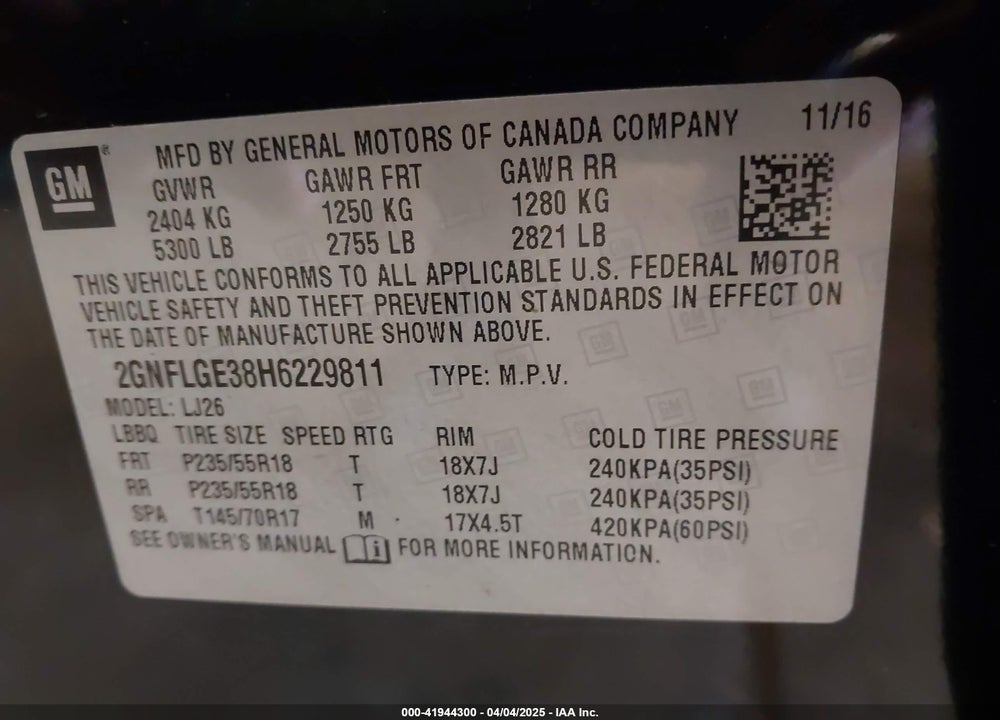 2017 CHEVROLET EQUINOX VIN: 2GNFLGE38H6229811