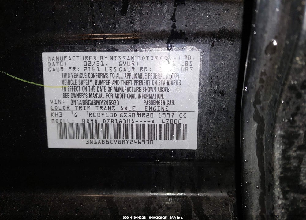 2021 NISSAN SENTRA VIN: 3N1AB8CV8MY246930