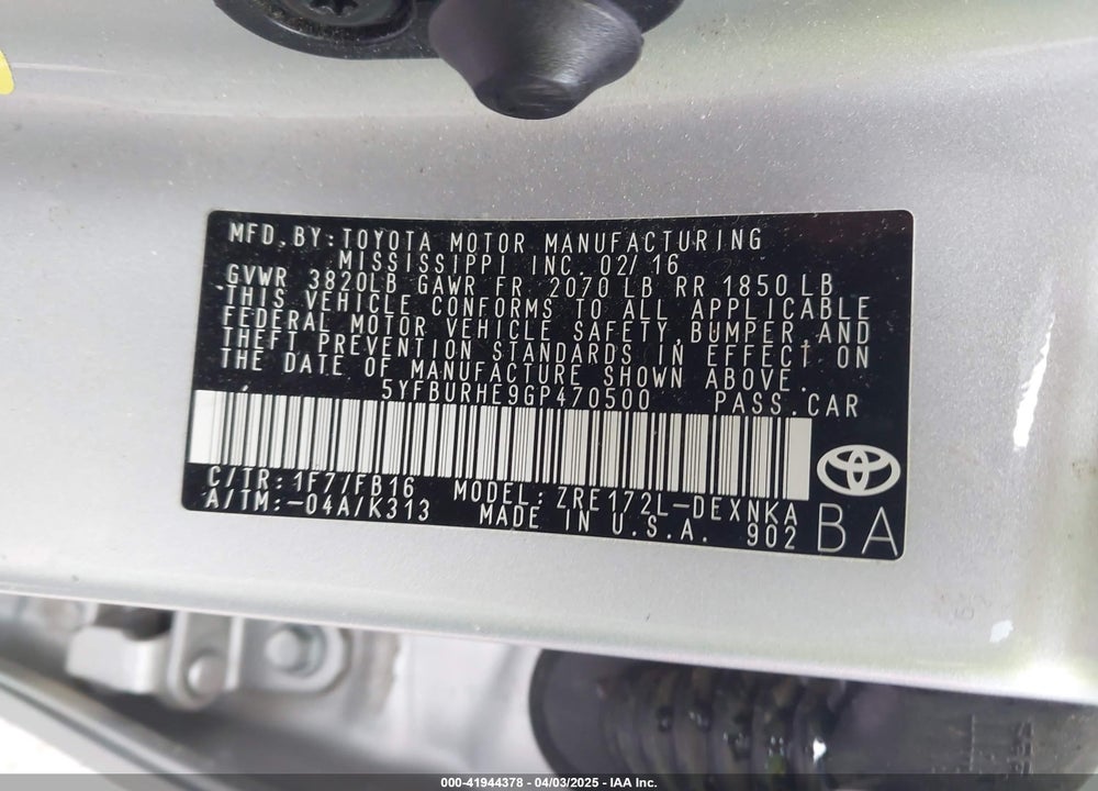 2016 TOYOTA COROLLA VIN: 5YFBURHE9GP470500