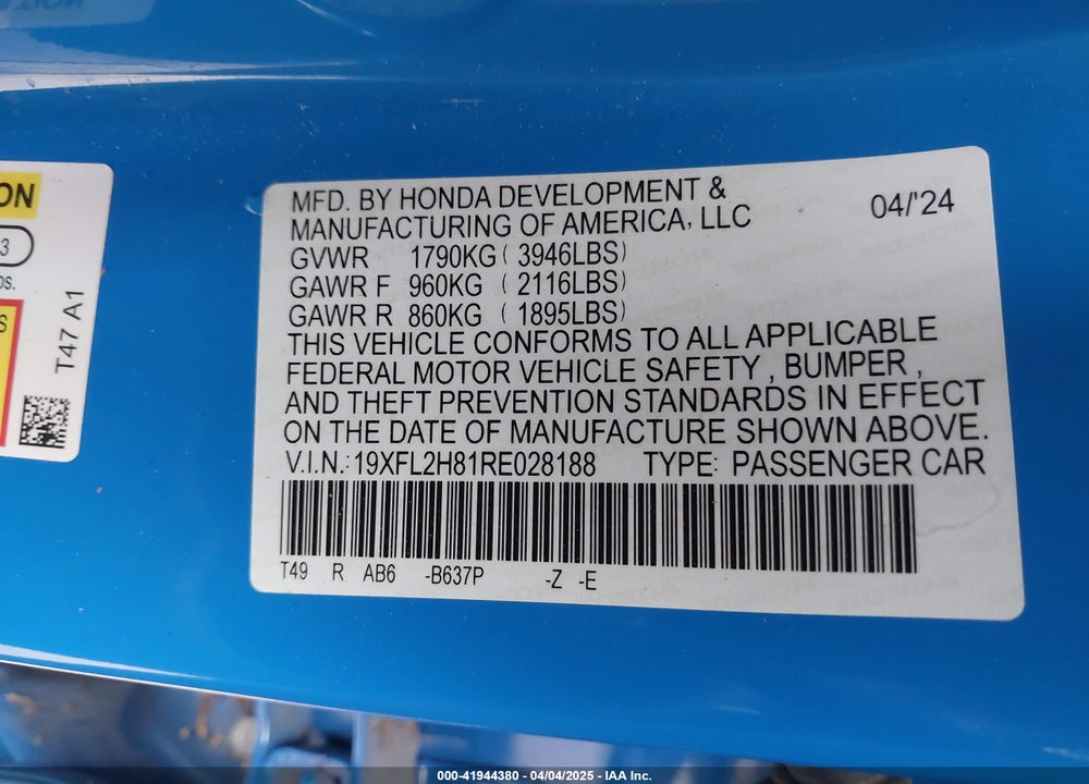 2024 HONDA CIVIC VIN: 19XFL2H81RE028188