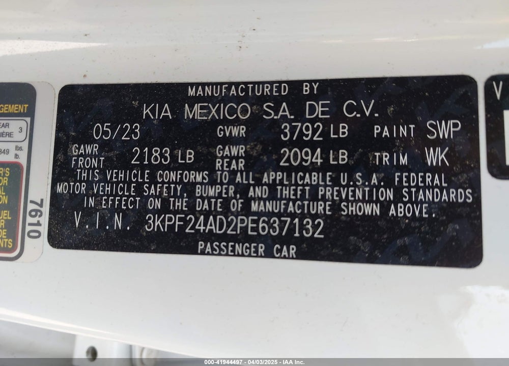 2023 KIA FORTE LXS VIN: 3KPF24AD2PE637132