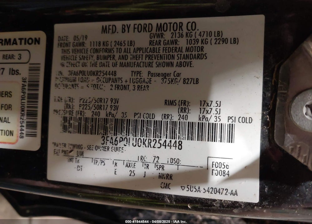 2019 FORD FUSION HYBRID SE VIN: 3FA6P0LU0KR254448