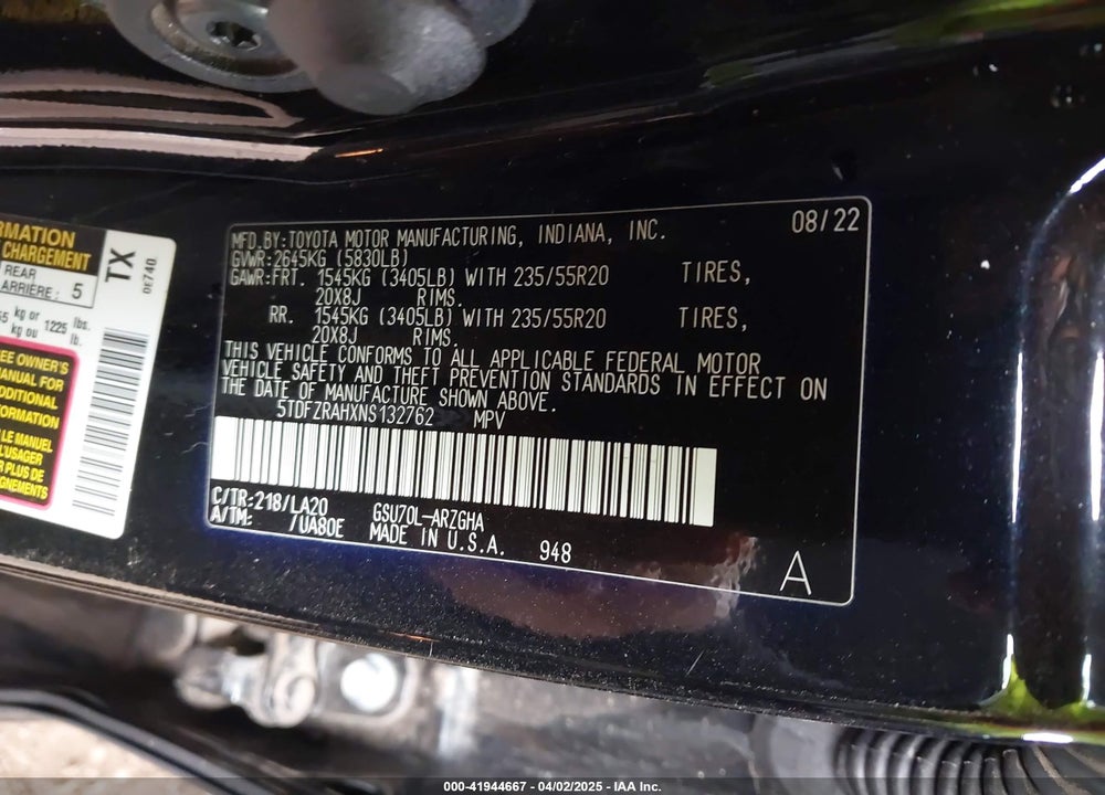 2022 TOYOTA HIGHLANDER VIN: 5TDFZRAHXNS132762