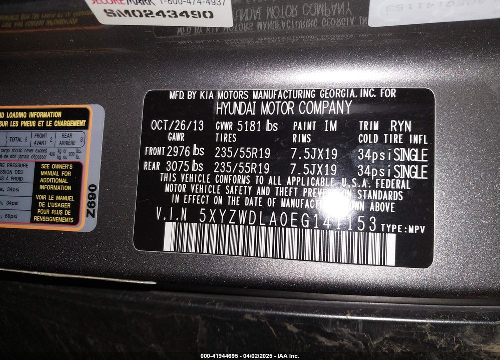 2014 HYUNDAI SANTA FE VIN: 5XYZWDLA0EG141153