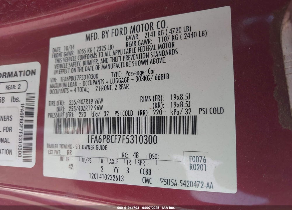 2015 FORD MUSTANG VIN: 1FA6P8CF7F5310300