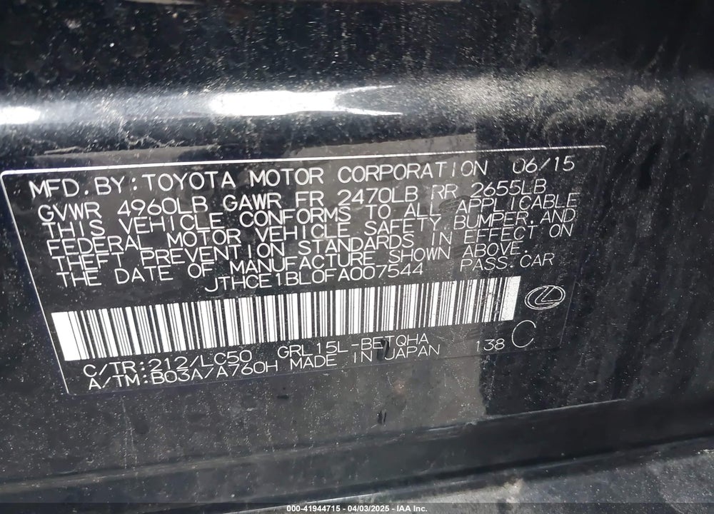 2015 LEXUS GS VIN: JTHCE1BL0FA007544