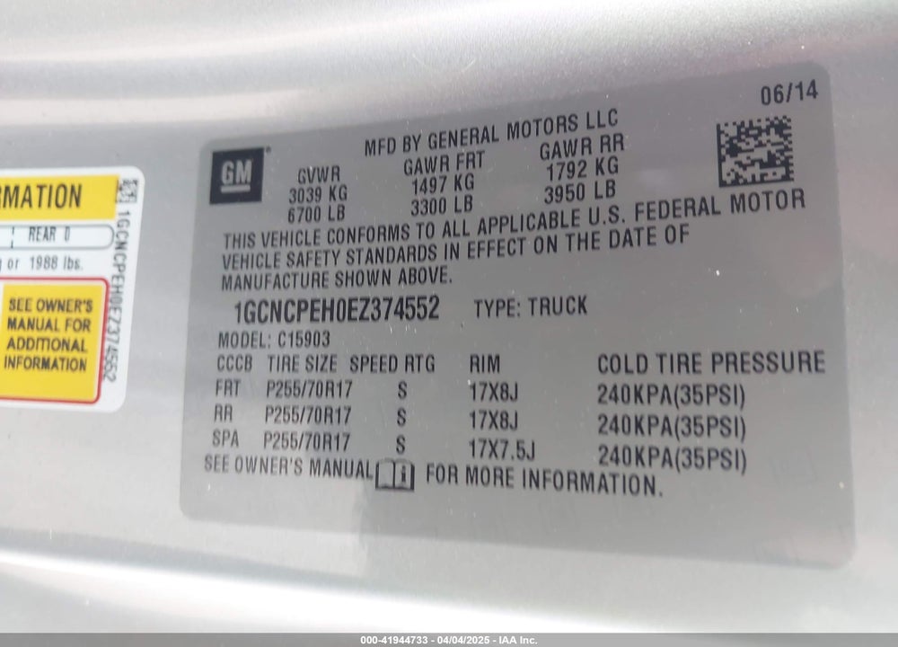 2014 CHEVROLET SILVERADO 1500 WORK TRUCK 1WT VIN: 1GCNCPEH0EZ374552