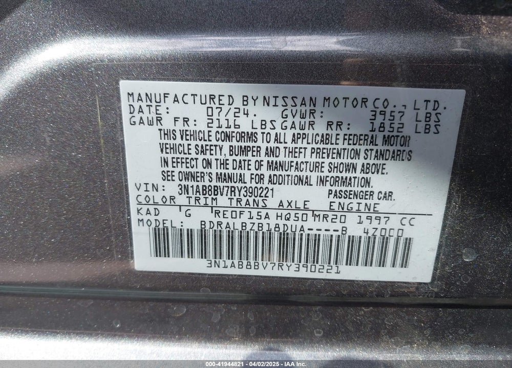 2024 NISSAN SENTRA VIN: 3N1AB8BV7RY390221