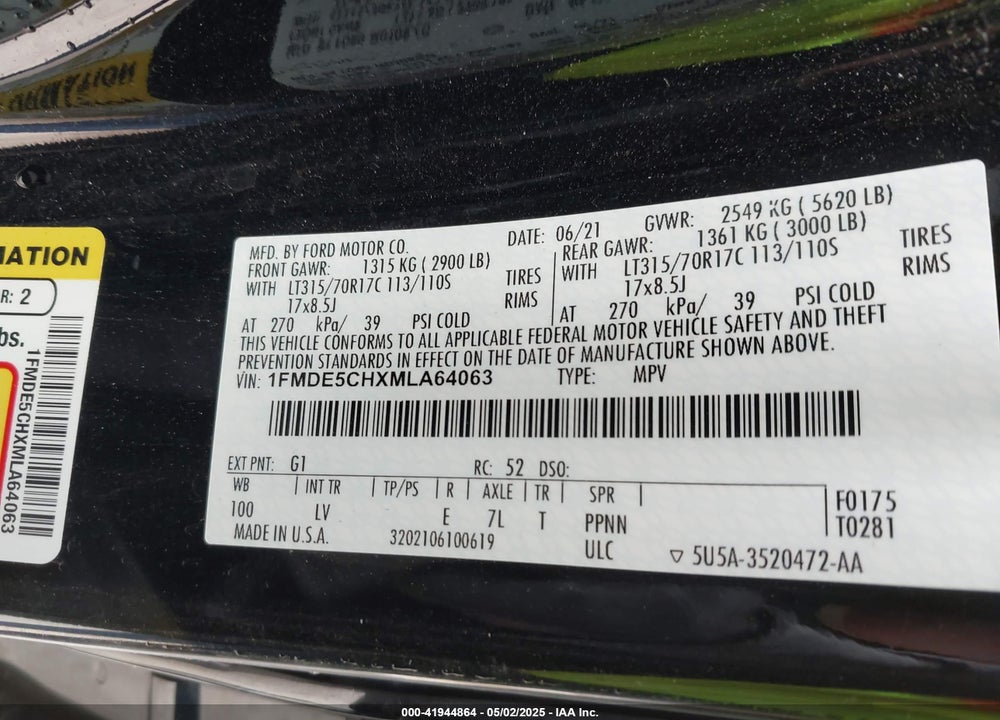 2021 FORD BRONCO VIN: 1FMDE5CHXMLA64063