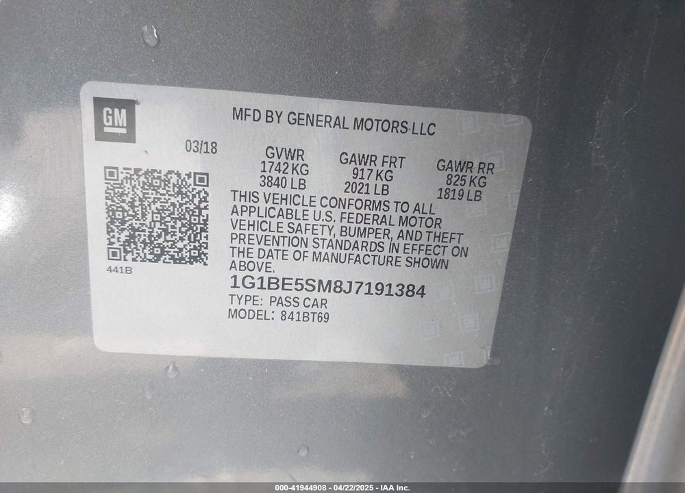 2018 CHEVROLET CRUZE VIN: 1G1BE5SM8J7191384