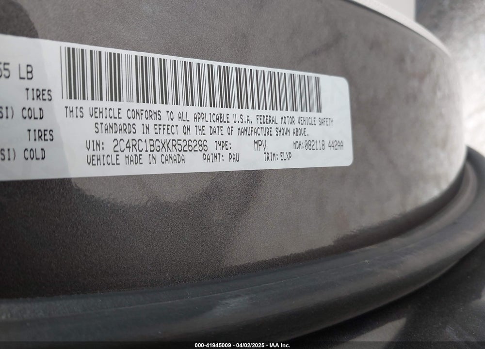 2019 CHRYSLER PACIFICA TOURING L VIN: 2C4RC1BGXKR526286