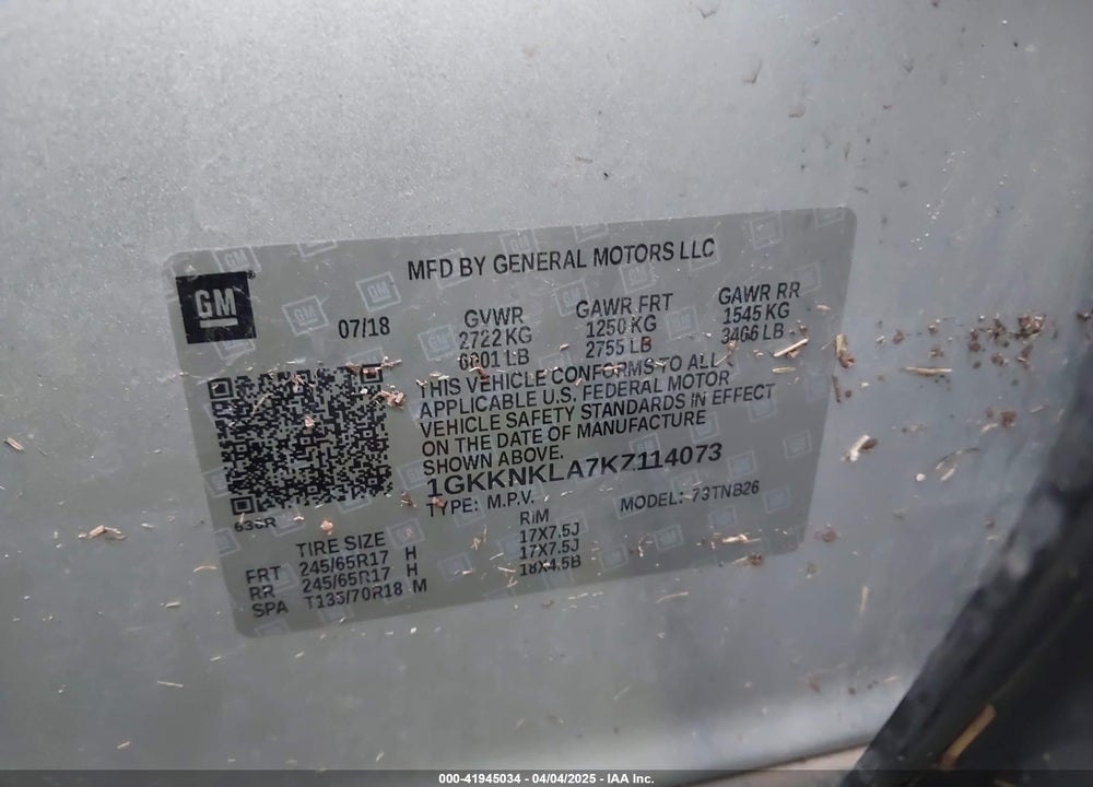 2019 GMC ACADIA VIN: 1GKKNKLA7KZ114073