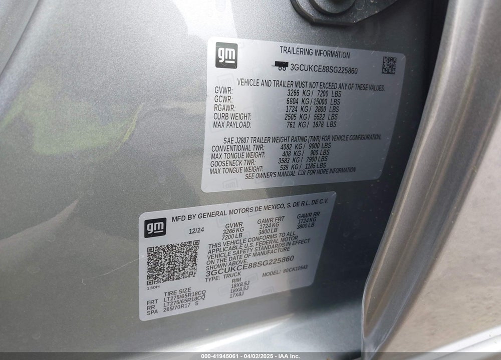 2025 CHEVROLET SILVERADO 1500 VIN: 3GCUKCE88SG225860