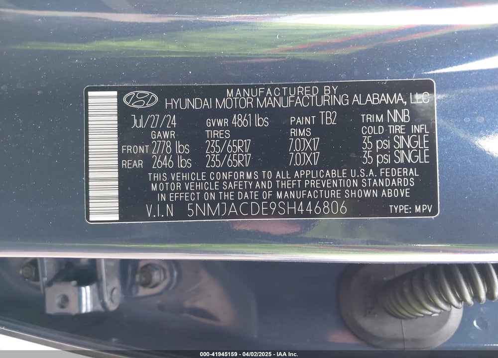 2025 HYUNDAI TUCSON SE VIN: 5NMJACDE9SH446806