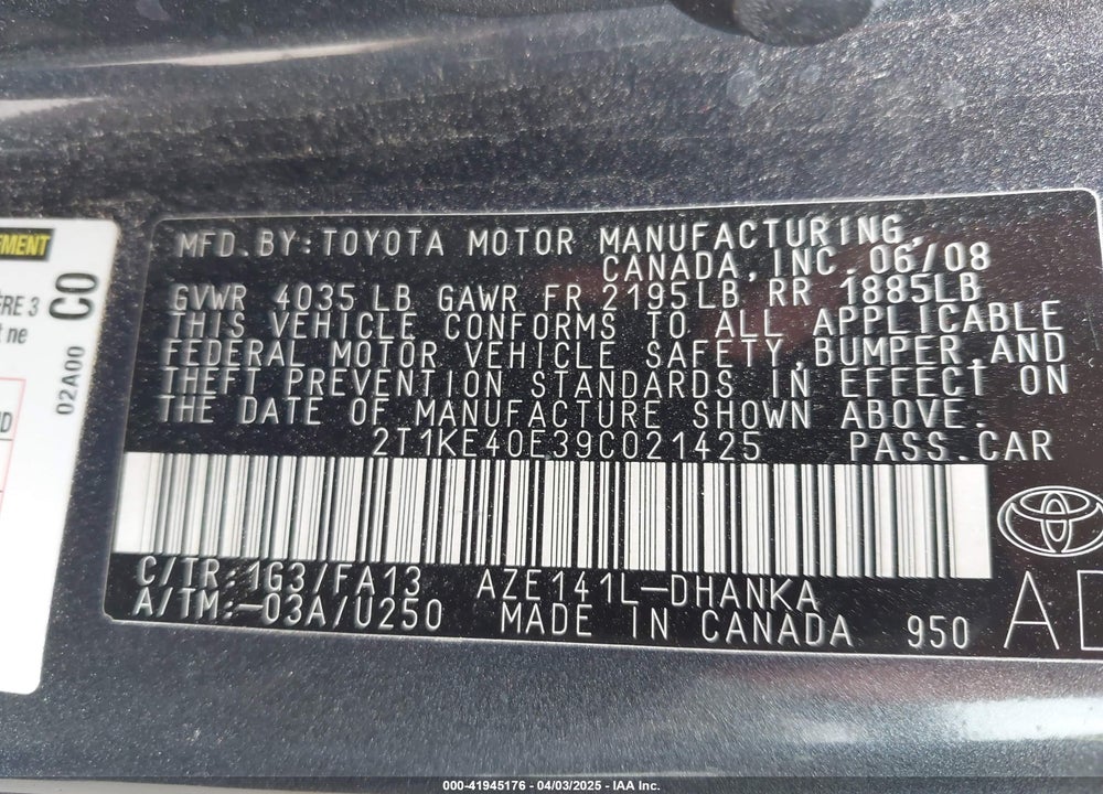 2009 TOYOTA MATRIX VIN: 2T1KE40E39C021425
