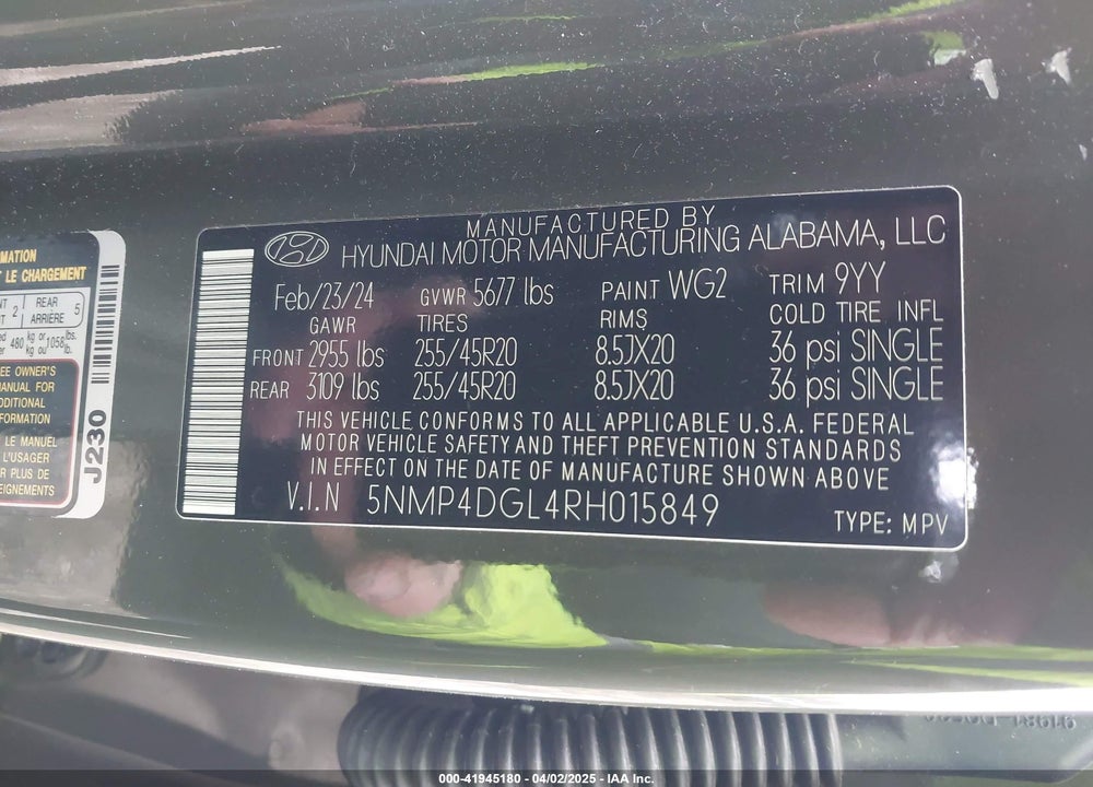 2024 HYUNDAI SANTA FE LIMITED VIN: 5NMP4DGL4RH015849