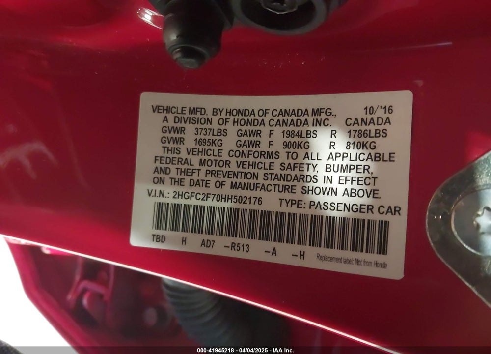 2017 HONDA CIVIC VIN: 2HGFC2F70HH502176
