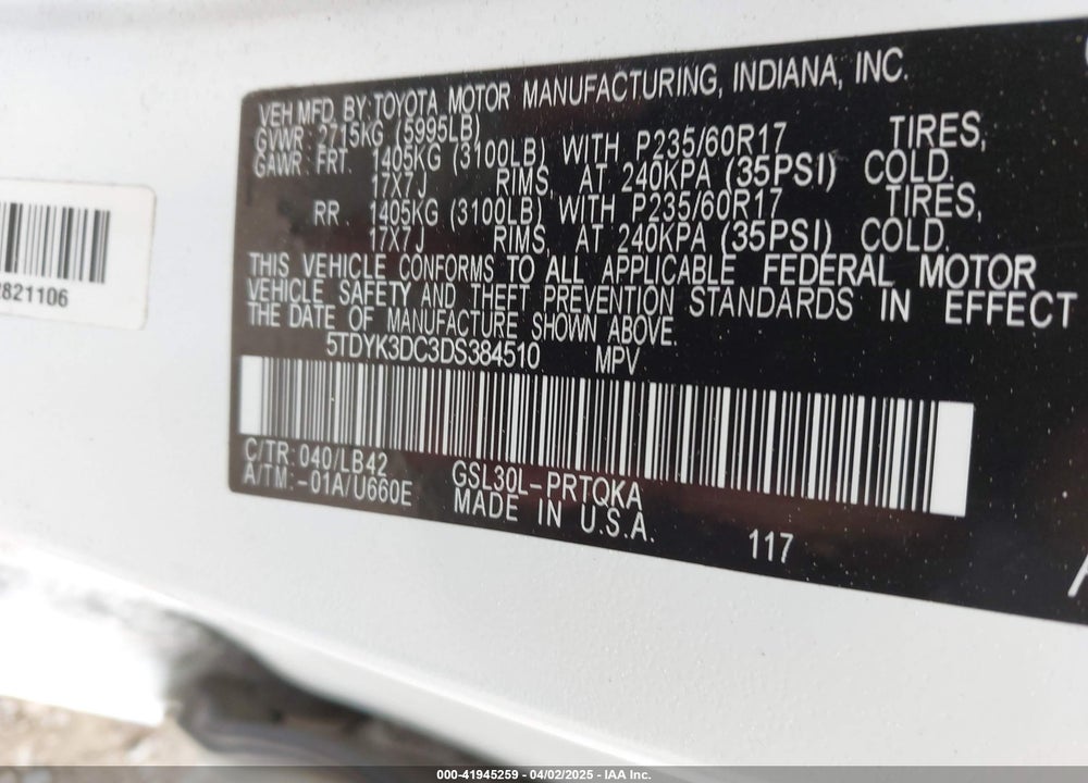 2013 TOYOTA SIENNA VIN: 5TDYK3DC3DS384510