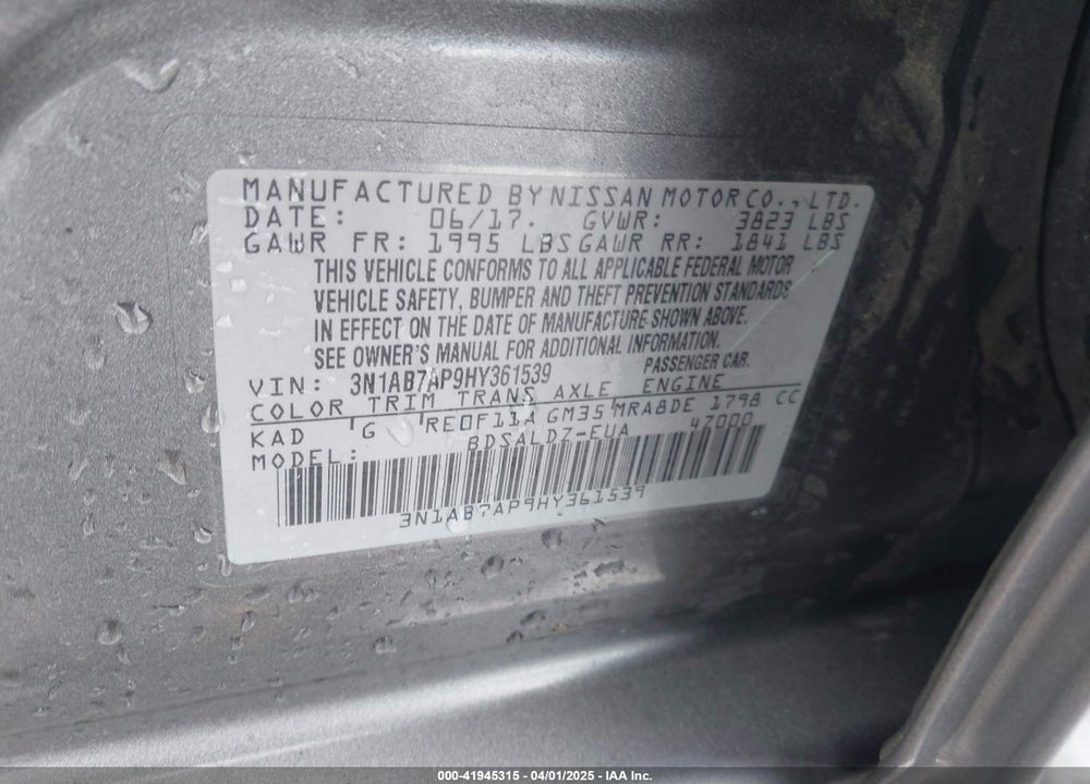 2017 NISSAN SENTRA VIN: 3N1AB7AP9HY361539