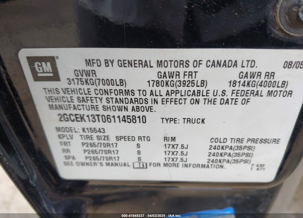 2006 CHEVROLET SILVERADO 1500 LT3 VIN: 2GCEK13T061145810