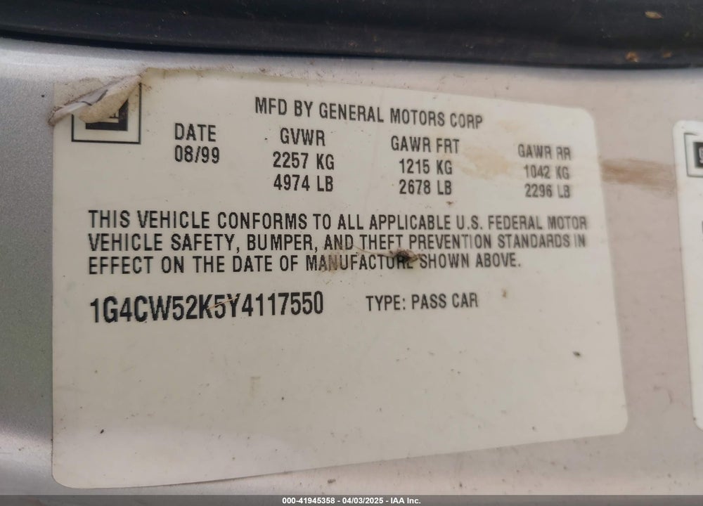 2000 BUICK PARK AVENUE VIN: 1G4CW52K5Y4117550
