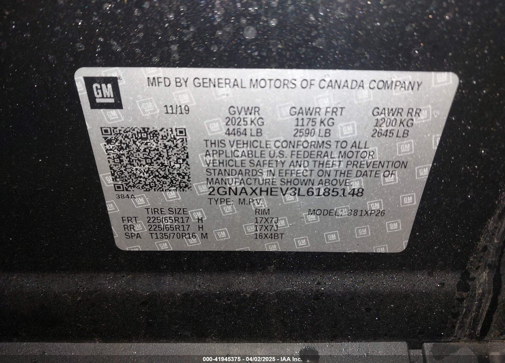 2020 CHEVROLET EQUINOX VIN: 2GNAXHEV3L6185148