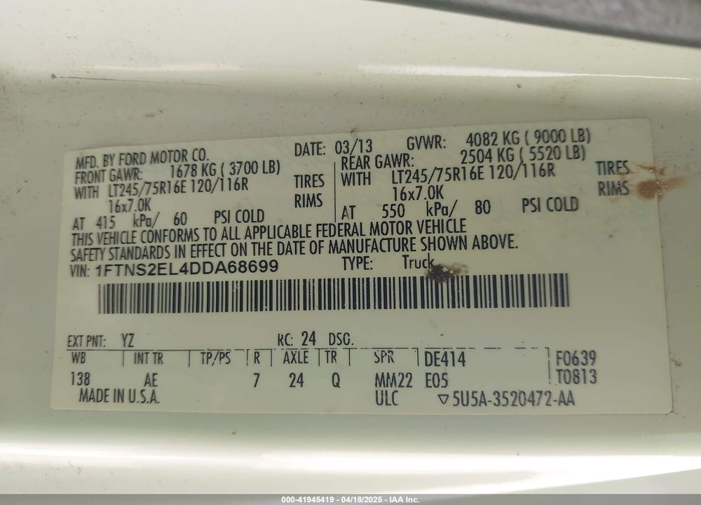 2013 FORD E-250 COMMERCIAL VIN: 1FTNS2EL4DDA68699
