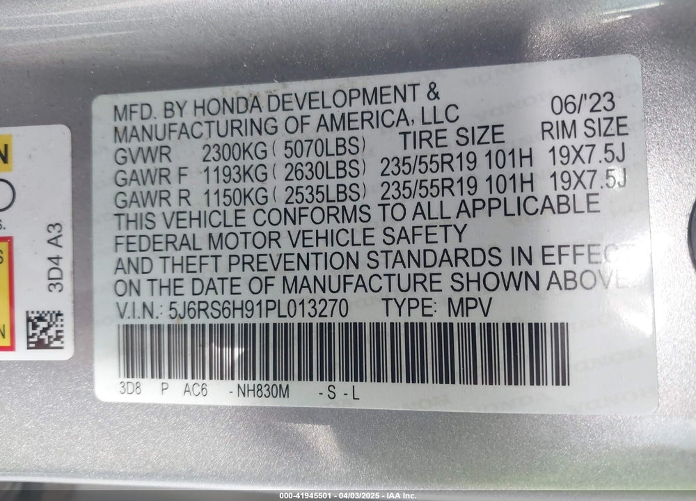 2023 HONDA CR-V VIN: 5J6RS6H91PL013270