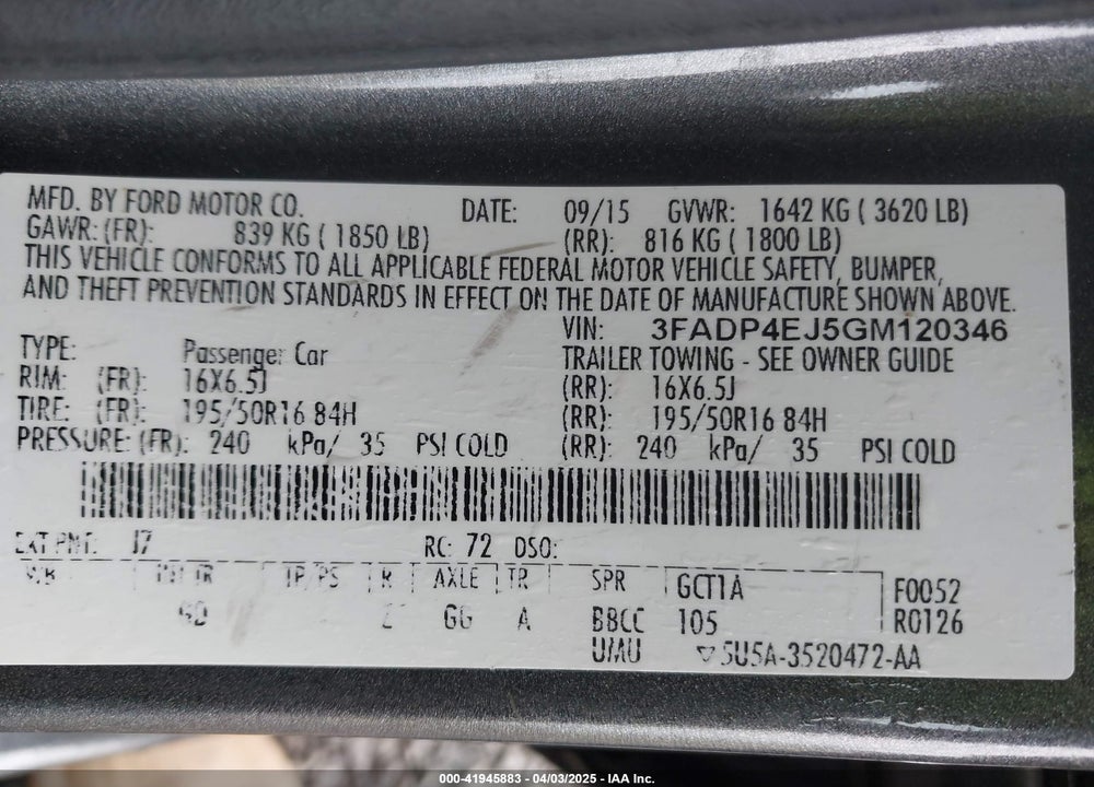 2016 FORD FIESTA VIN: 3FADP4EJ5GM120346