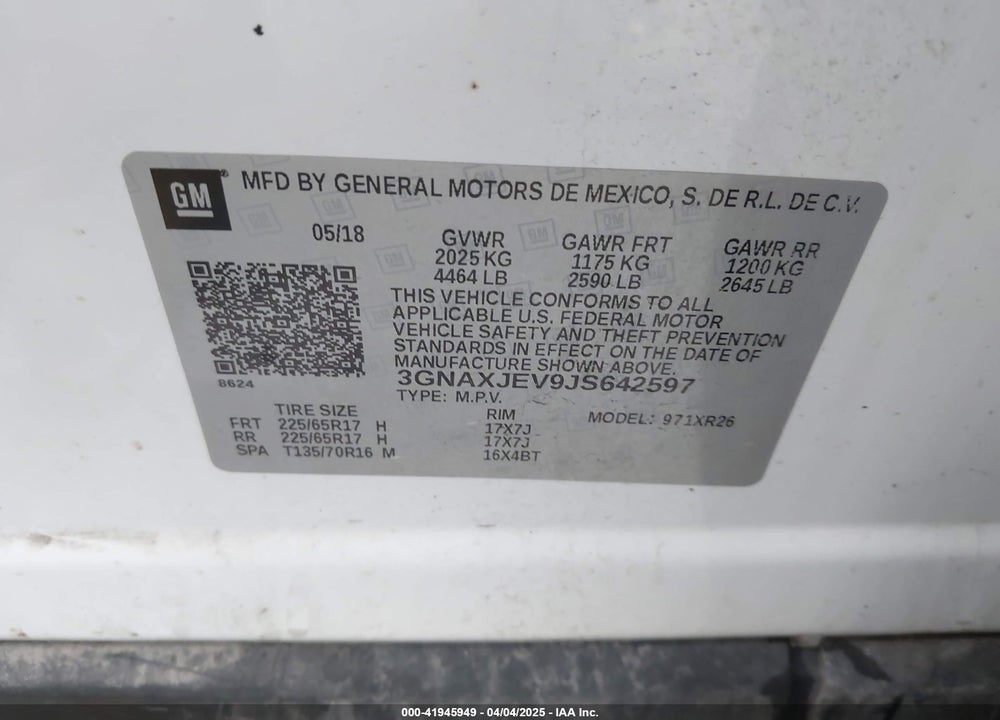 2018 CHEVROLET EQUINOX VIN: 3GNAXJEV9JS642597