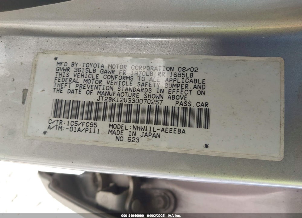 2003 TOYOTA PRIUS VIN: JT2BK12U330070257