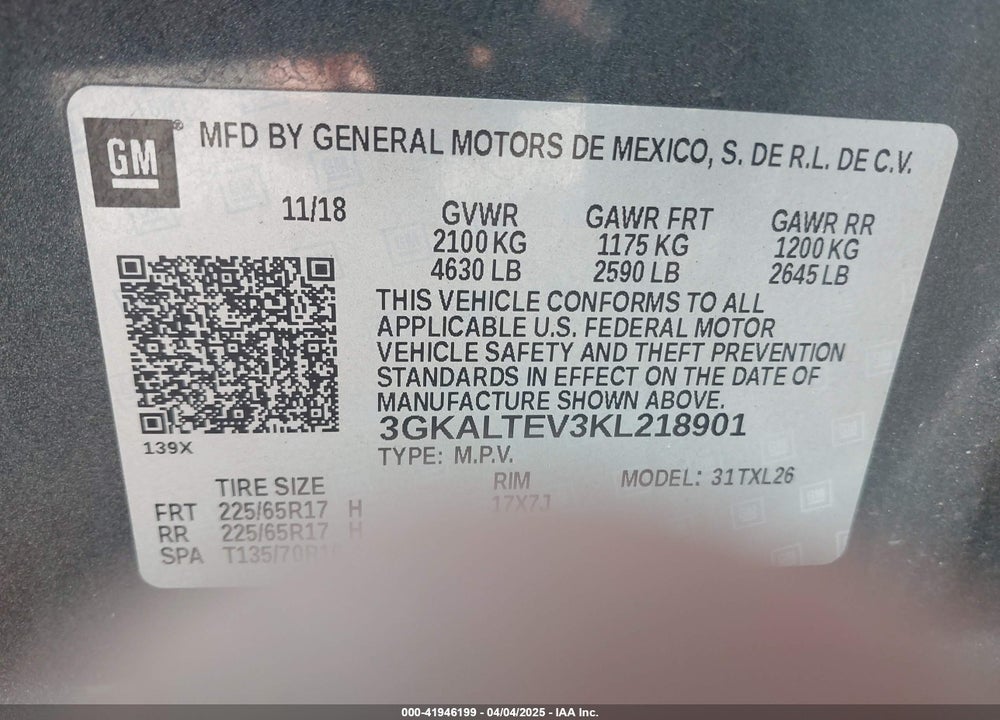 2019 GMC TERRAIN VIN: 3GKALTEV3KL218901