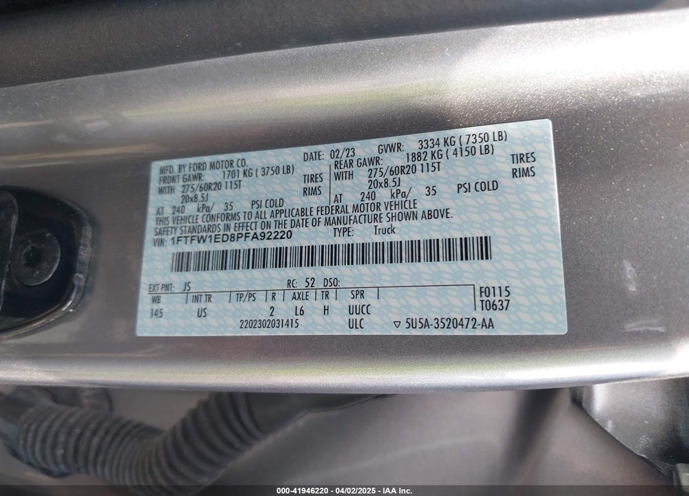 2023 FORD F-150 XLT VIN: 1FTFW1ED8PFA92220