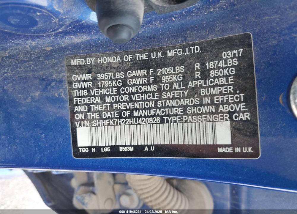 2017 HONDA CIVIC VIN: SHHFK7H22HU420826
