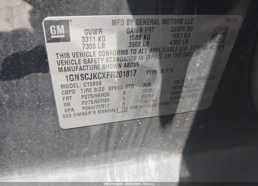 2015 CHEVROLET SUBURBAN 1500 VIN: 1GNSCJKCXFR201817
