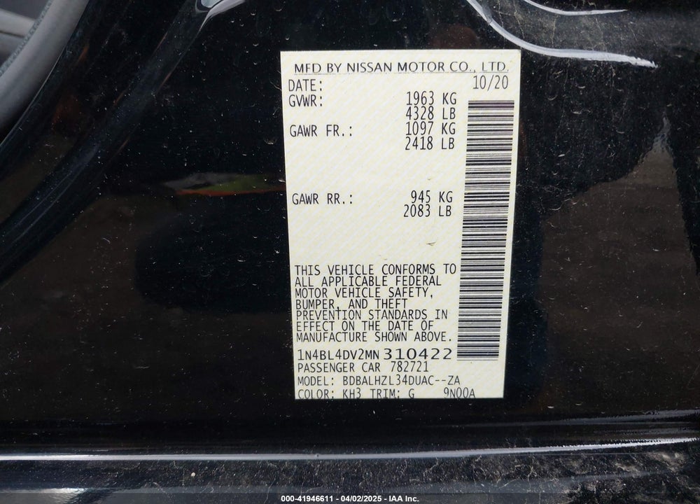 2021 NISSAN ALTIMA VIN: 1N4BL4DV2MN310422