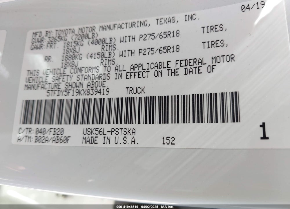 2019 TOYOTA TUNDRA VIN: 5TFDY5F19KX839419