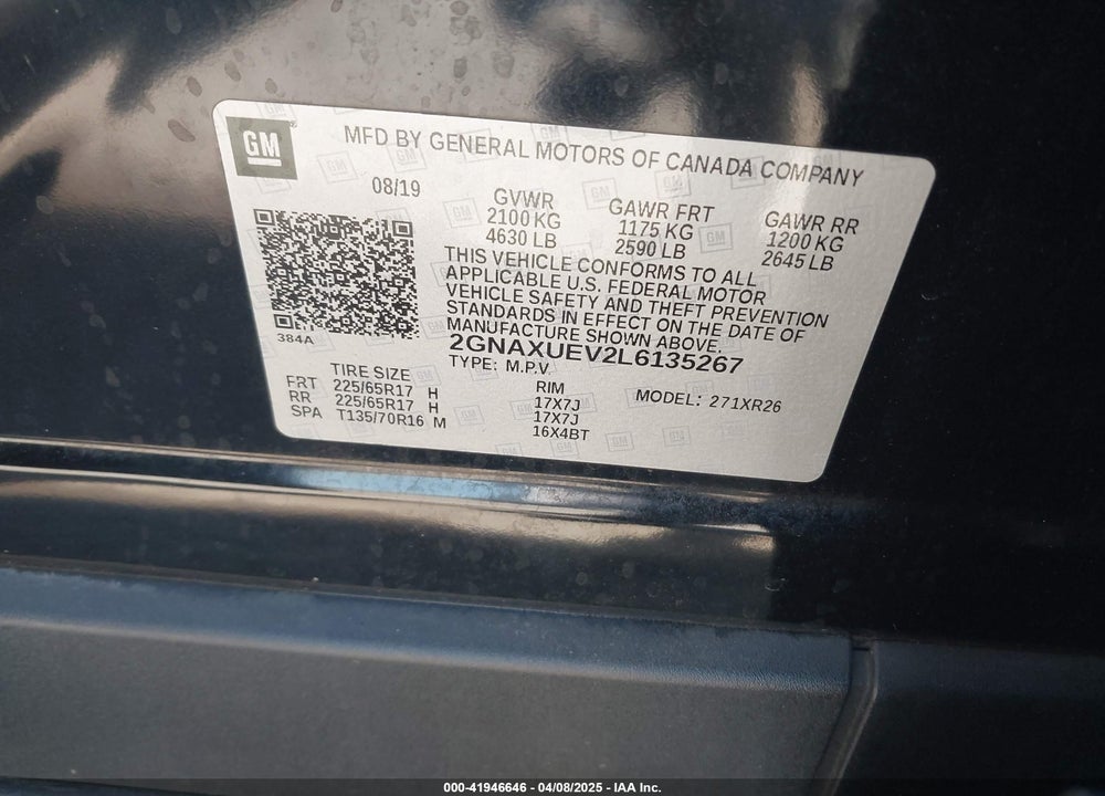 2020 CHEVROLET EQUINOX AWD LT 1.5L TURBO VIN: 2GNAXUEV2L6135267