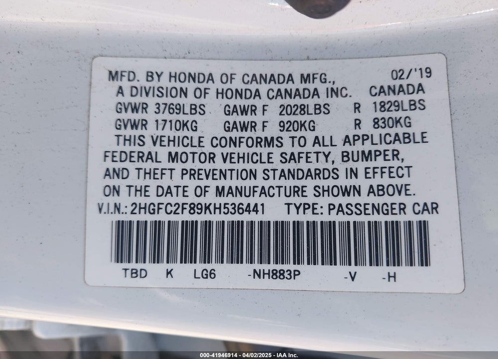 2019 HONDA CIVIC VIN: 2HGFC2F89KH536441