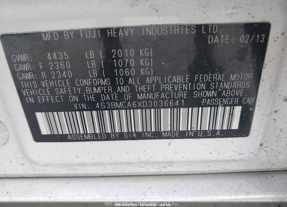 2013 SUBARU LEGACY VIN: 4S3BMCA6XD3036641